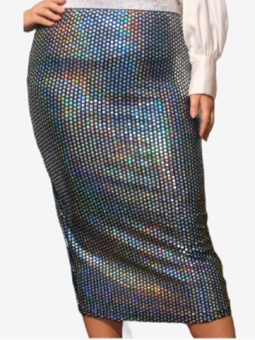 SHEIN Silver Metallic Iridescent Textured Grid Pencil Skirt